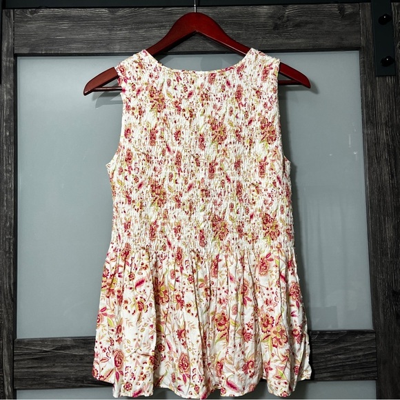 Rose & Olive Smocked Floral Sleeveless Blouse Pink & Yellow Peplum Medium Fairy - Picture 2 of 7